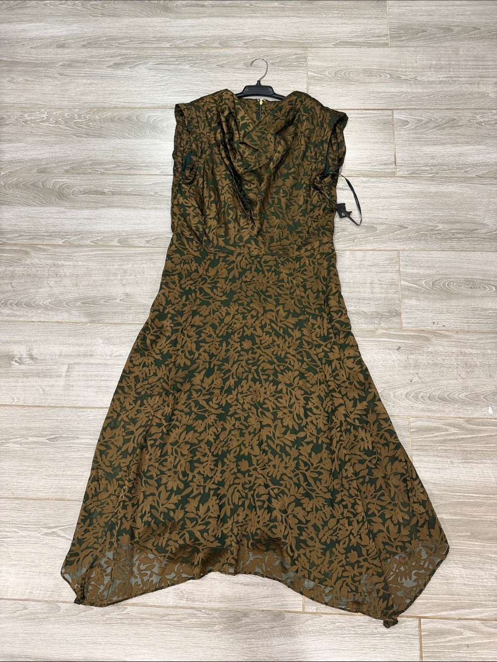 Donna Karan Olive Green Leaf-Print Midi Dress size 10